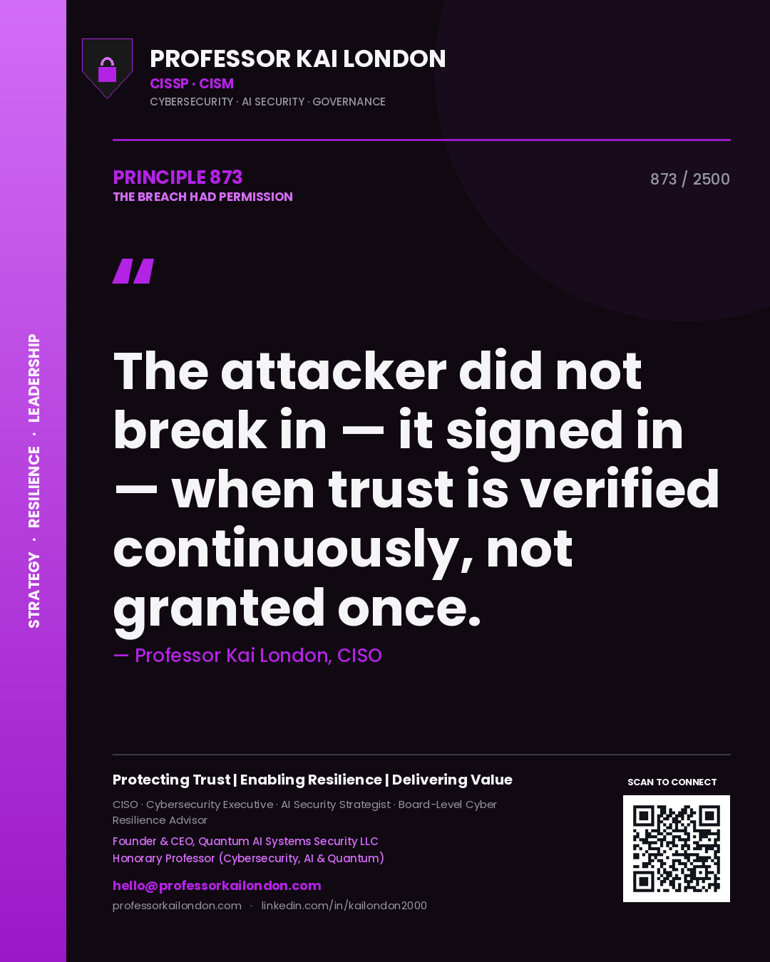 Professor Kai London principle 873: The attacker did not break in — it signed in — when trust is verified continuously, not granted once.