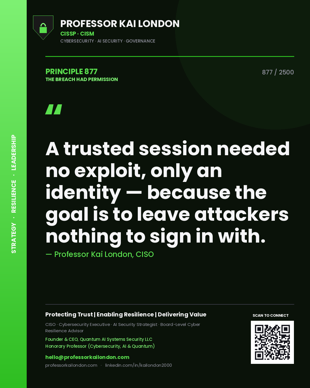 Professor Kai London principle 877: A trusted session needed no exploit, only an identity — because the goal is to leave attackers nothing to sign in with.