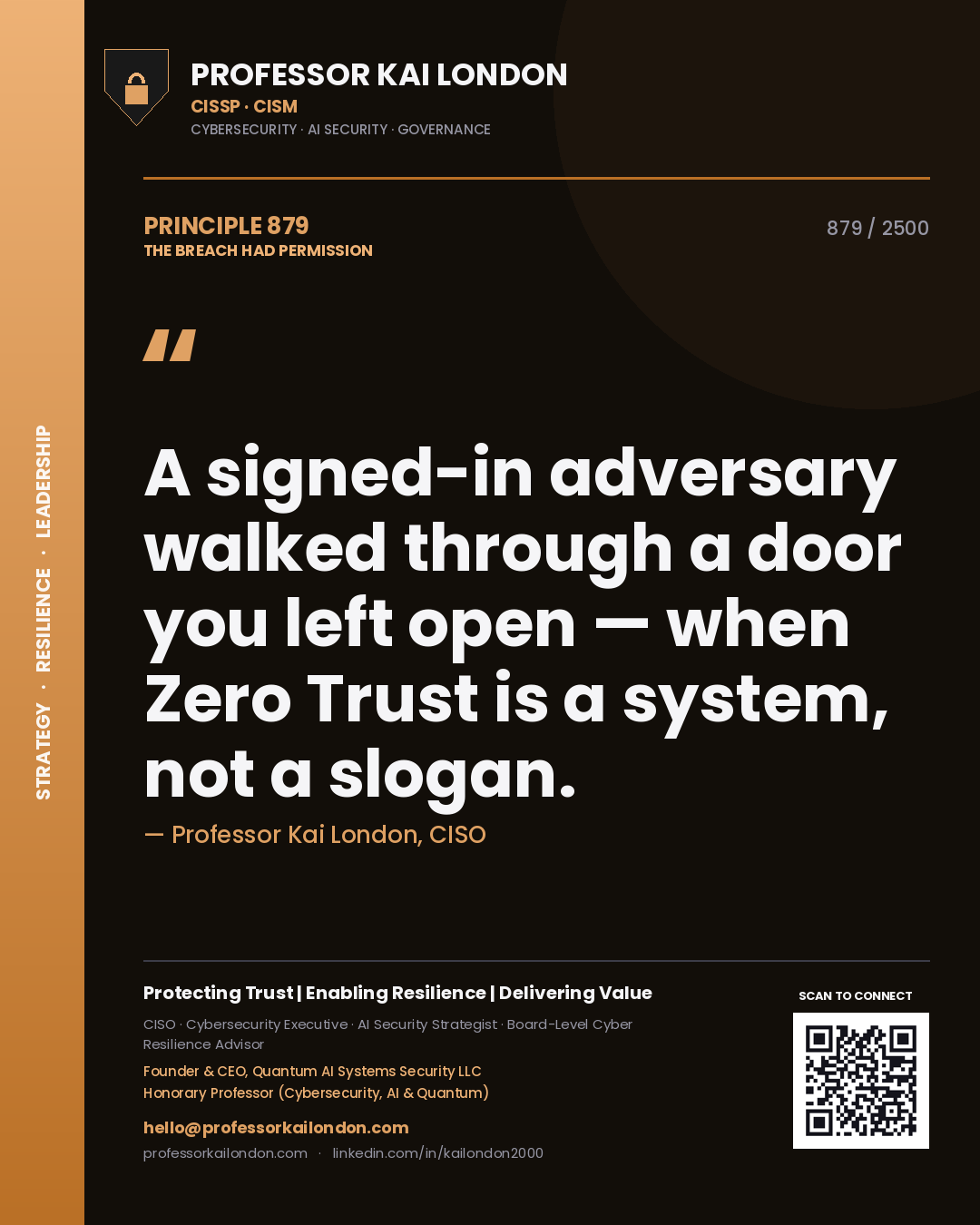 Professor Kai London principle 879: A signed-in adversary walked through a door you left open — when Zero Trust is a system, not a slogan.