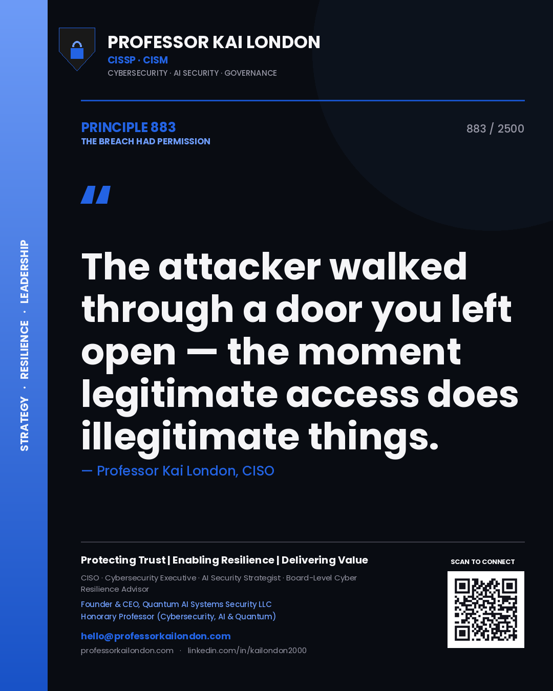 Quote card by Professor Kai London reading 'The attacker walked through a door you left open — the moment legitimate access does illegitimate things.'. From the book The Breach Had Permission.