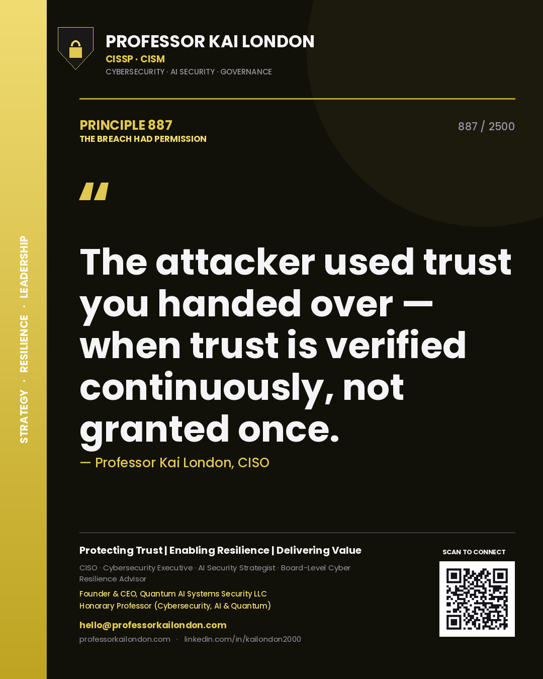 Quote card by Professor Kai London reading 'The attacker used trust you handed over — when trust is verified continuously, not granted once.'. From the book The Breach Had Permission.