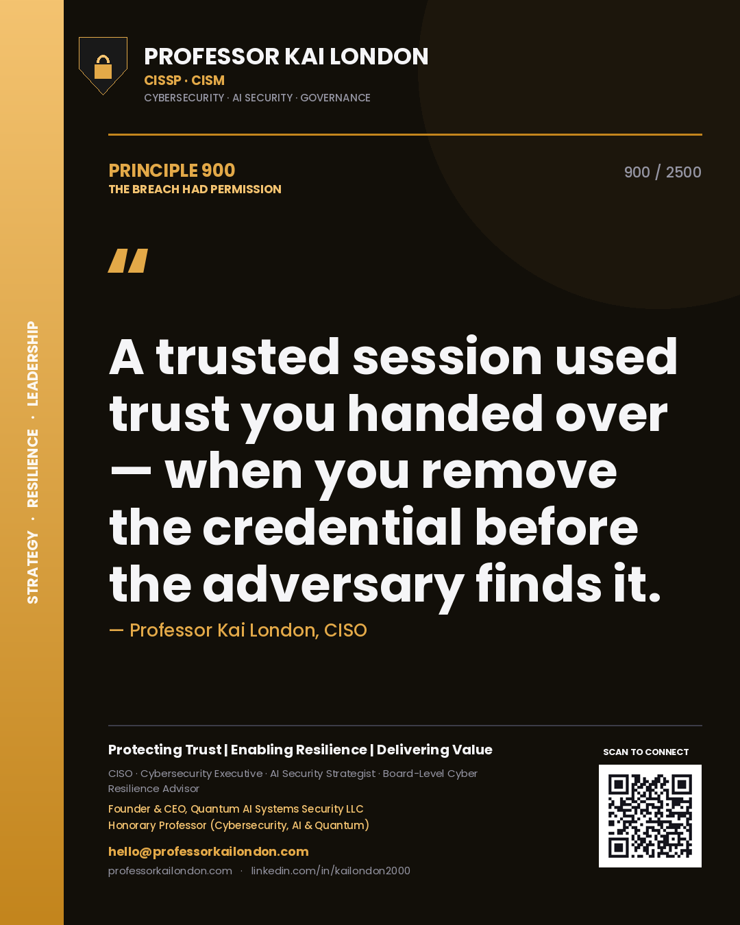 Quote card by Professor Kai London reading 'A trusted session used trust you handed over — when you remove the credential before the adversary finds it.'. From the book The Breach Had Permission.