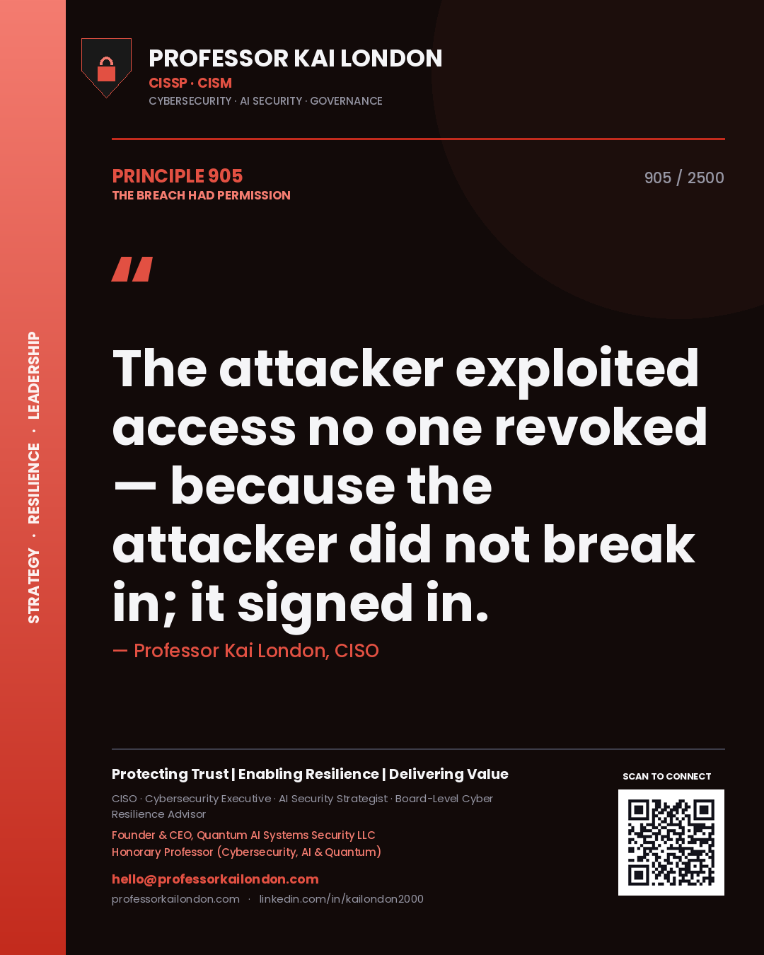Professor Kai London principle 905: The attacker exploited access no one revoked — because the attacker did not break in; it signed in.