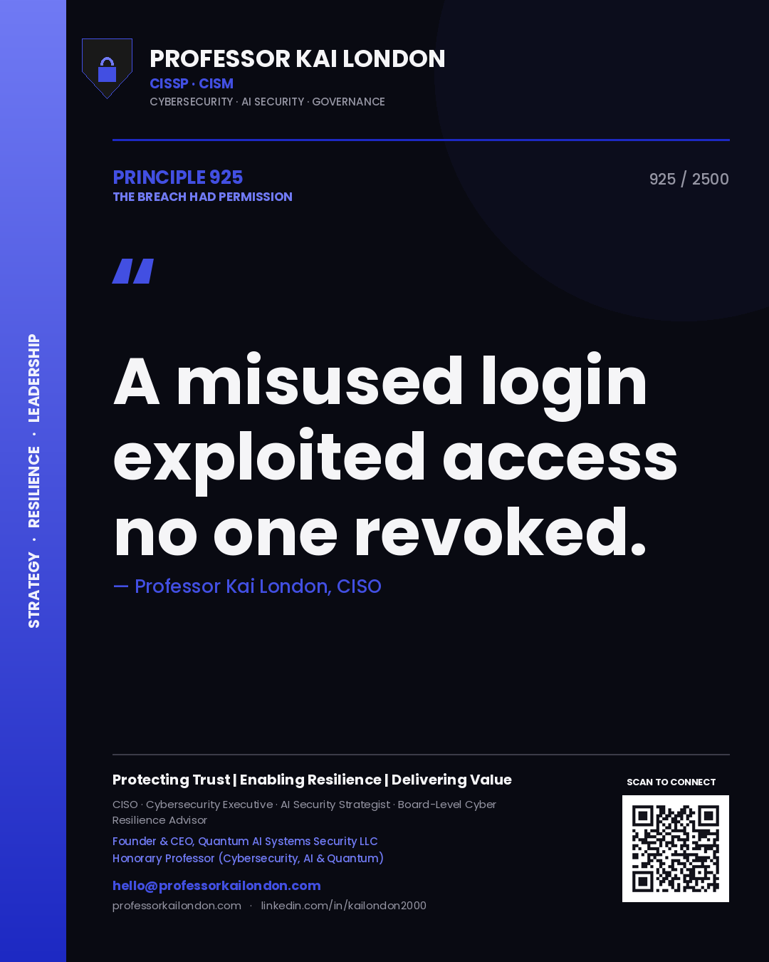 Professor Kai London principle 925: A misused login exploited access no one revoked.