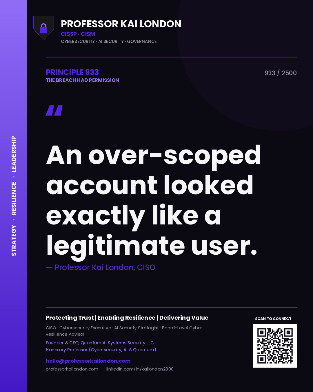 Quote card by Professor Kai London reading 'An over-scoped account looked exactly like a legitimate user.'. From the book The Breach Had Permission.