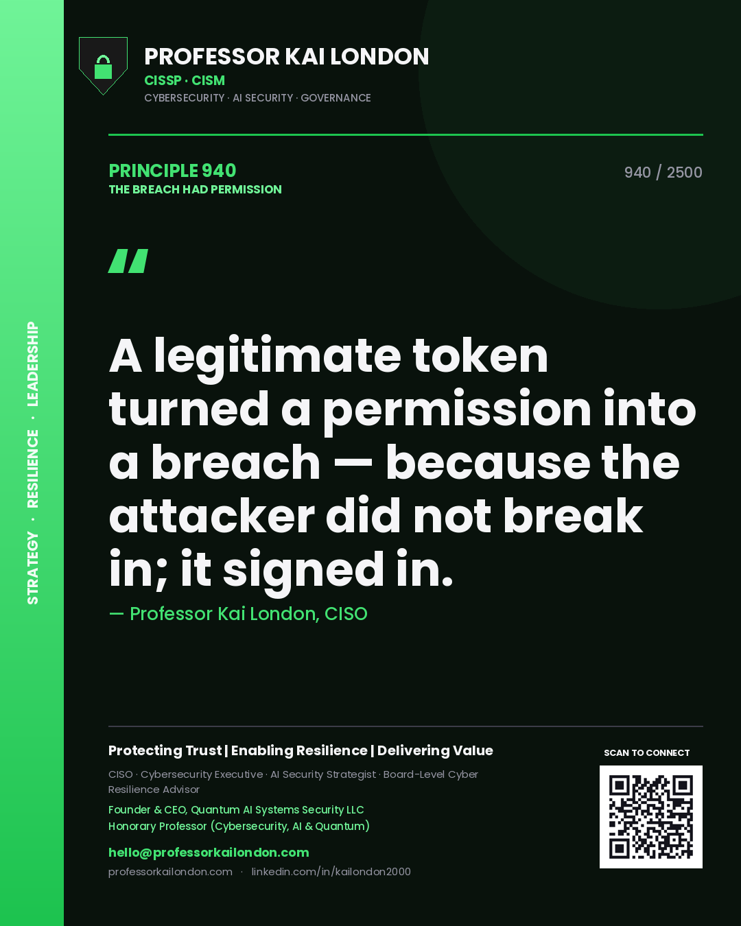 Professor Kai London principle 940: A legitimate token turned a permission into a breach — because the attacker did not break in; it signed in.