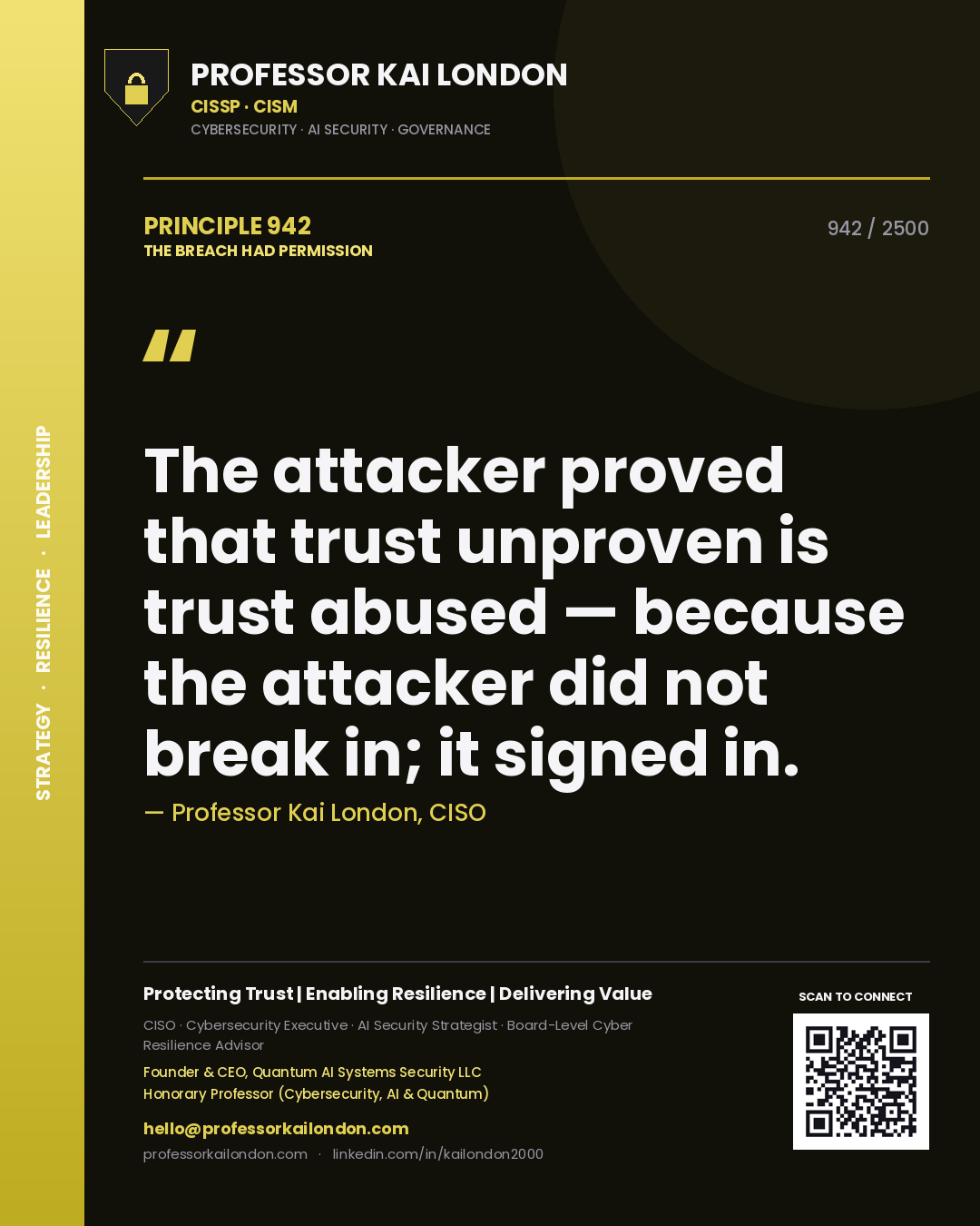 Professor Kai London principle 942: The attacker proved that trust unproven is trust abused — because the attacker did not break in; it signed in.
