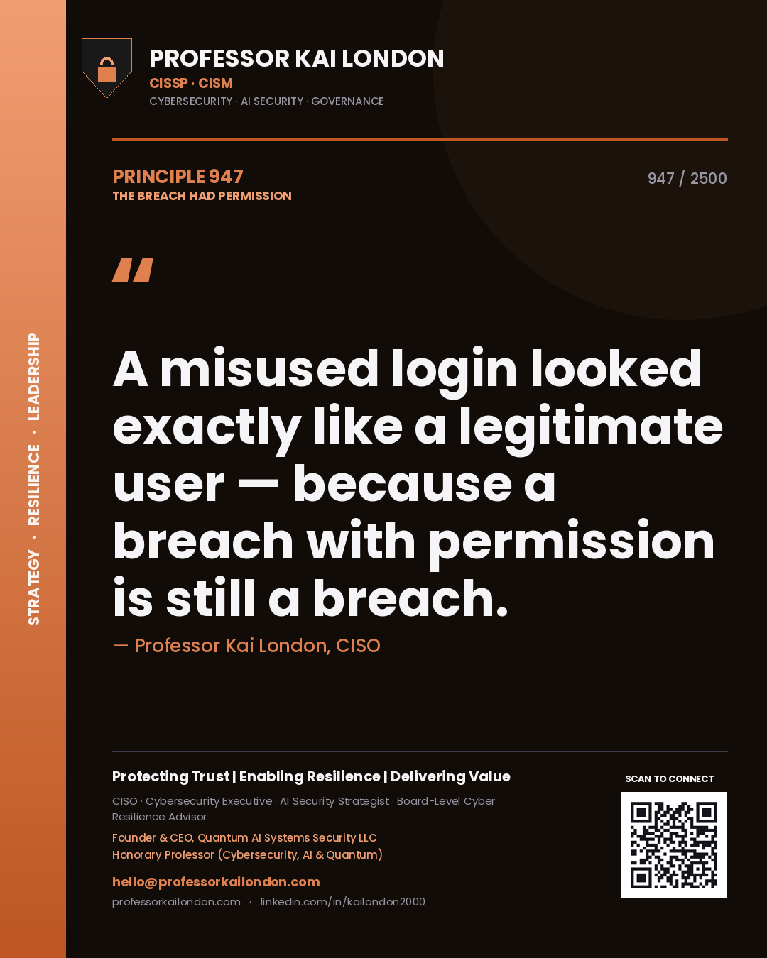 Professor Kai London principle 947: A misused login looked exactly like a legitimate user — because a breach with permission is still a breach.