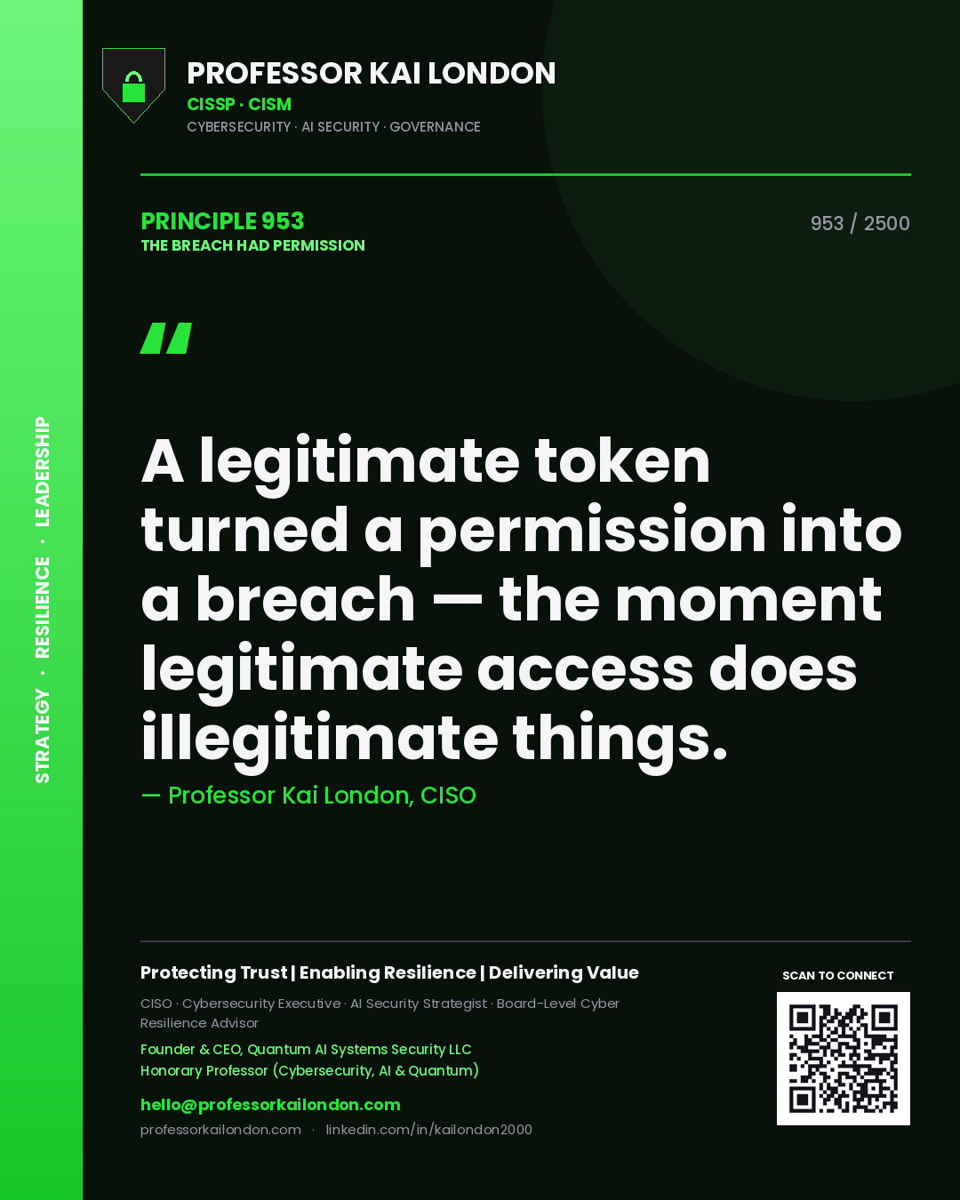 Professor Kai London principle 953: A legitimate token turned a permission into a breach — the moment legitimate access does illegitimate things.