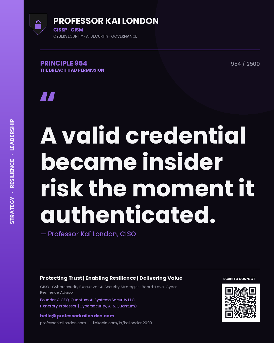 Quote card by Professor Kai London reading 'A valid credential became insider risk the moment it authenticated.'. From the book The Breach Had Permission.