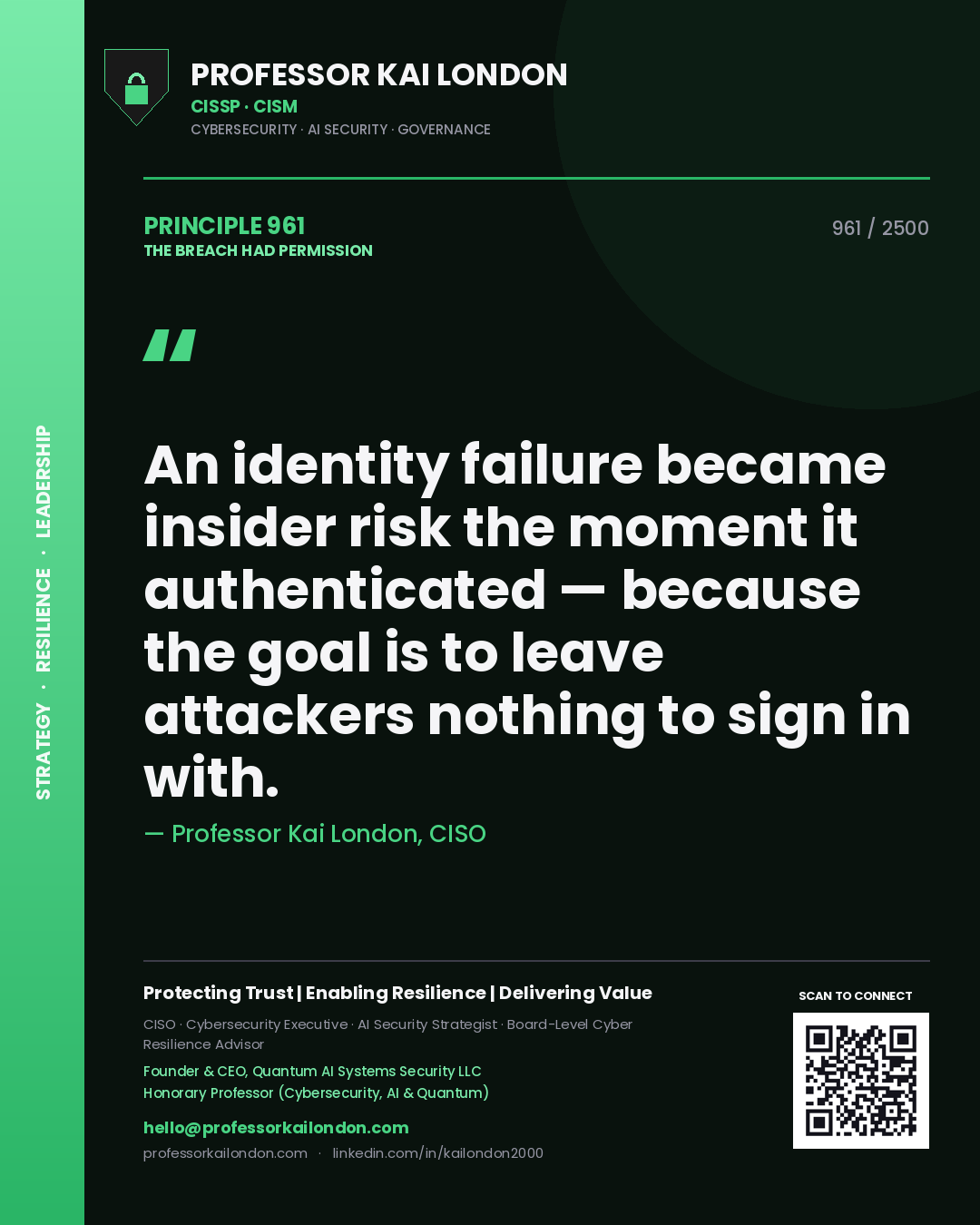 Quote card by Professor Kai London reading 'An identity failure became insider risk the moment it authenticated — because the goal is to leave attackers nothing to sign in with.'. From the book The Breach Had Permission.
