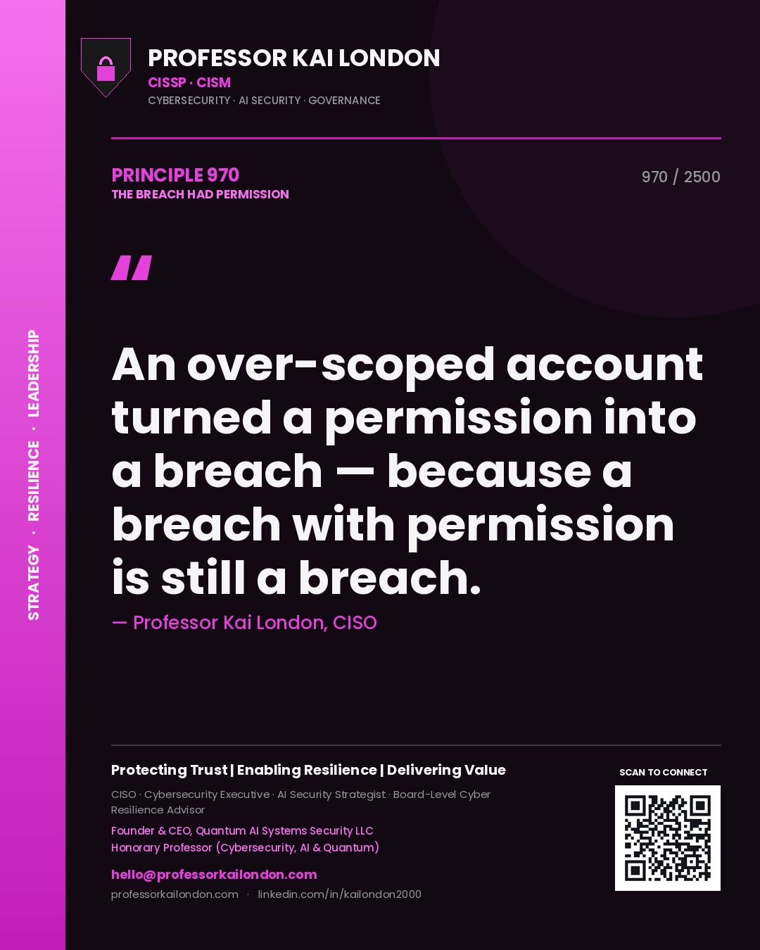 Quote card by Professor Kai London reading 'An over-scoped account turned a permission into a breach — because a breach with permission is still a breach.'. From the book The Breach Had Permission.