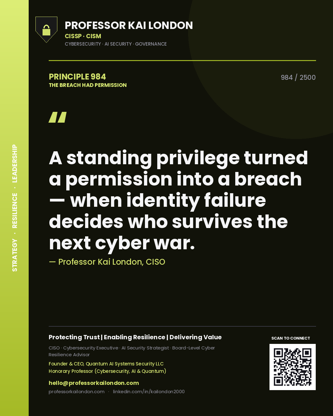 Professor Kai London principle 984: A standing privilege turned a permission into a breach — when identity failure decides who survives the next cyber war.