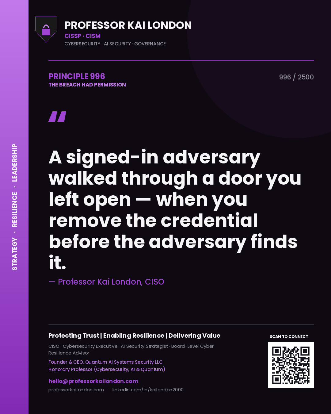 Quote card by Professor Kai London reading 'A signed-in adversary walked through a door you left open — when you remove the credential before the adversary finds it.'. From the book The Breach Had Permission.