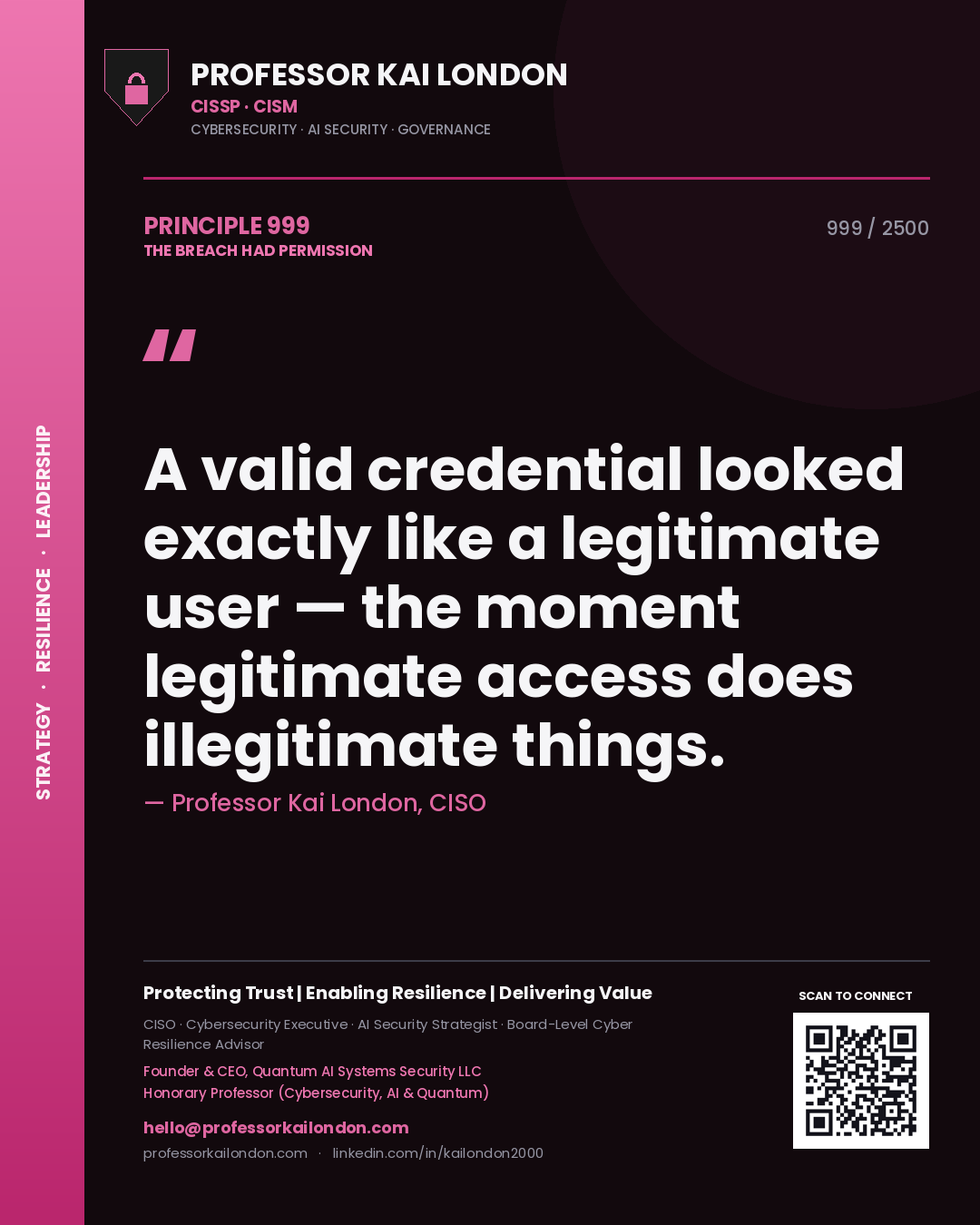 Professor Kai London principle 999: A valid credential looked exactly like a legitimate user — the moment legitimate access does illegitimate things.