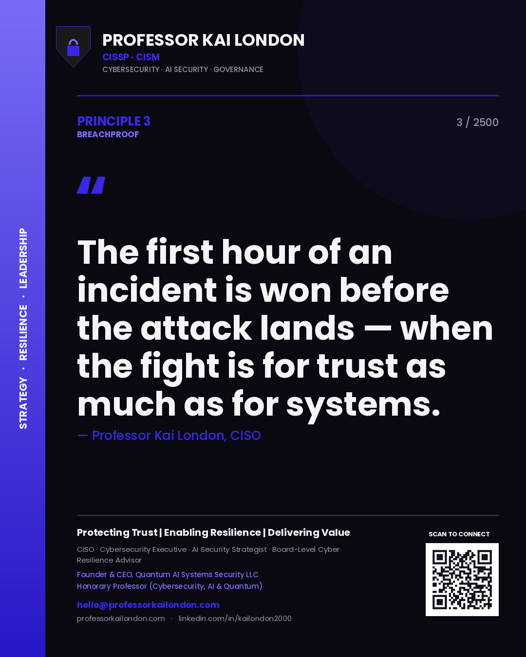 Quote card by Professor Kai London reading 'The first hour of an incident is won before the attack lands — when the fight is for trust as much as for systems.'. From the book Breachproof.