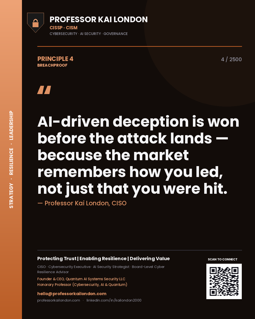 Quote card by Professor Kai London reading 'AI-driven deception is won before the attack lands — because the market remembers how you led, not just that you were hit.'. From the book Breachproof.