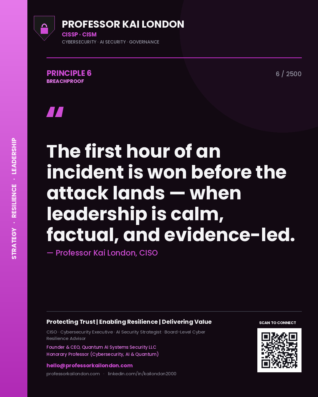 Professor Kai London principle 6: The first hour of an incident is won before the attack lands — when leadership is calm, factual, and evidence-led.