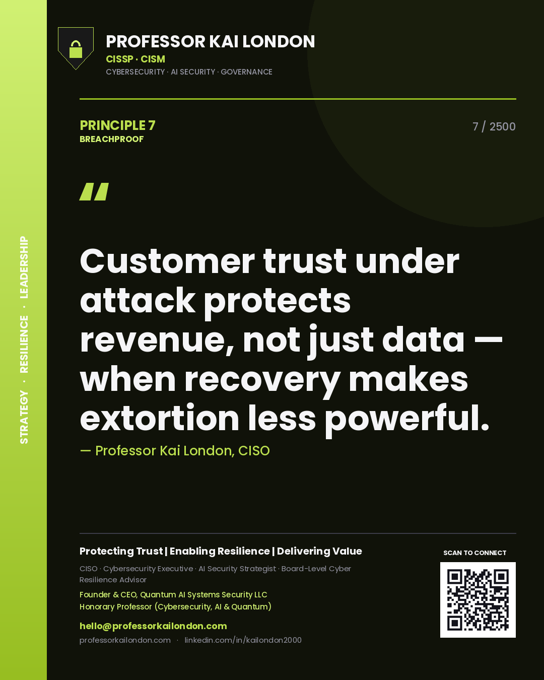 Quote card by Professor Kai London reading 'Customer trust under attack protects revenue, not just data — when recovery makes extortion less powerful.'. From the book Breachproof.