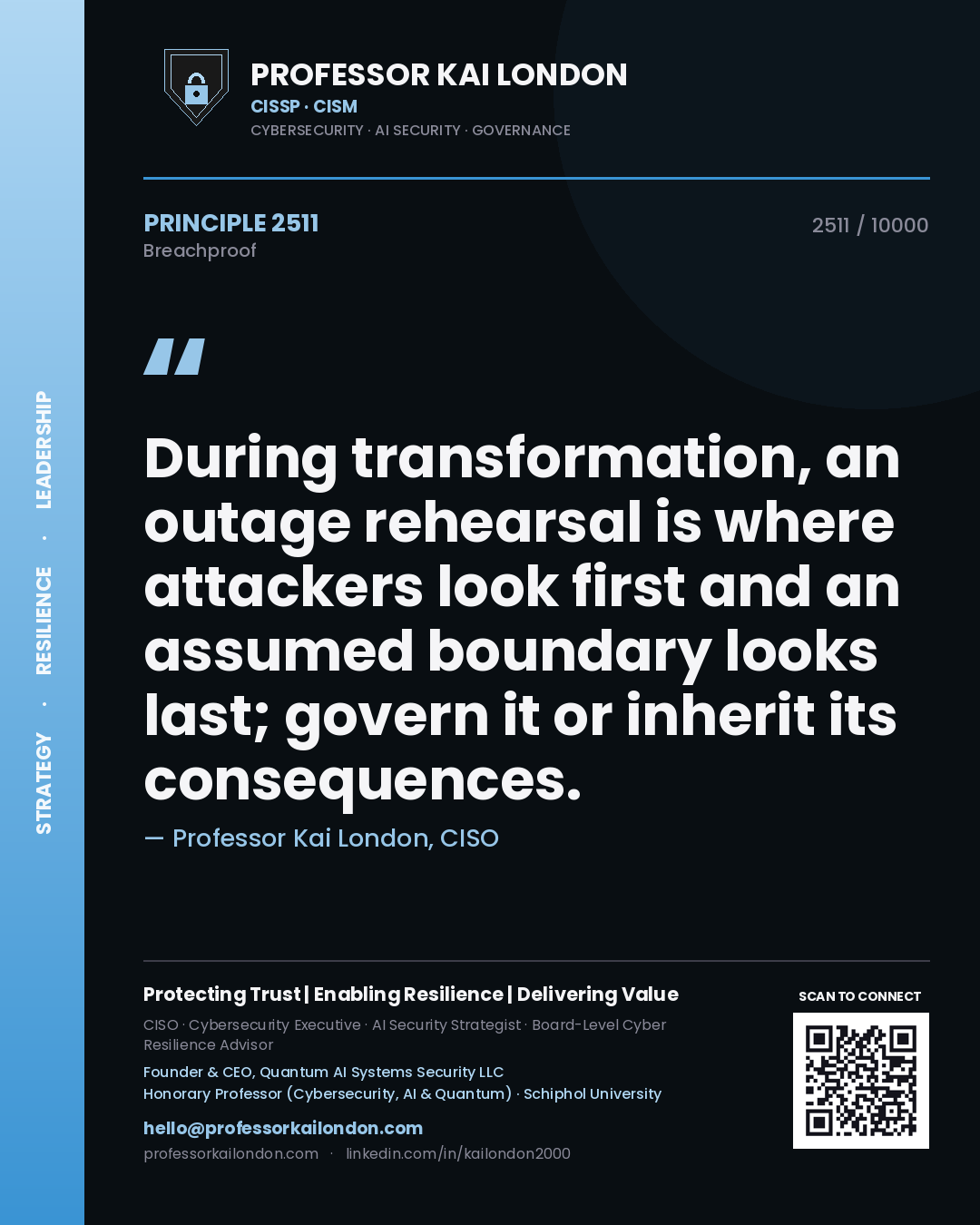 Quote card by Professor Kai London reading 'During transformation, an outage rehearsal is where attackers look first and an assumed boundary looks last; govern it or inherit its consequences.'. From the book Breachproof.