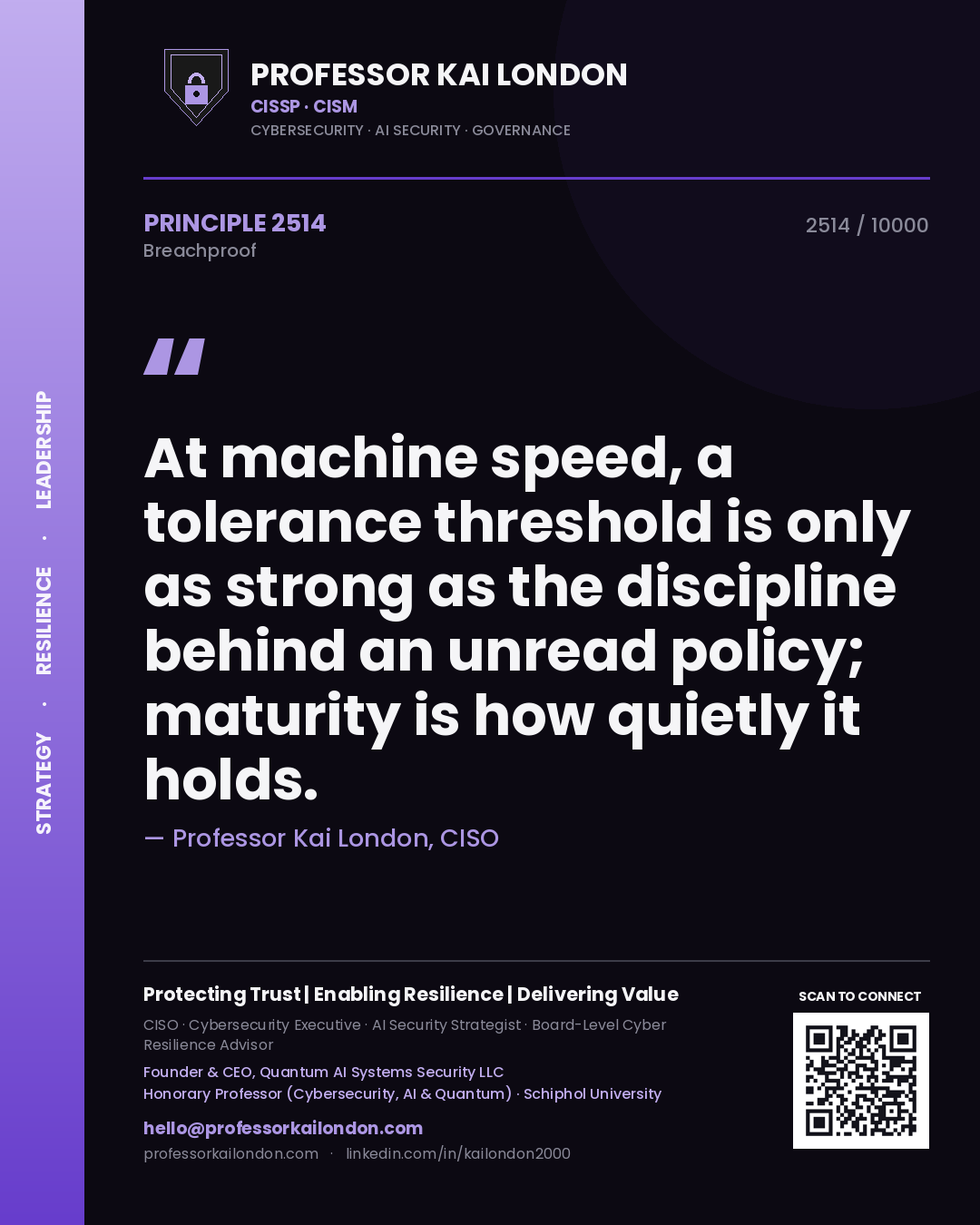 Professor Kai London principle 2514: At machine speed, a tolerance threshold is only as strong as the discipline behind an unread policy; maturity is how quietly it holds.