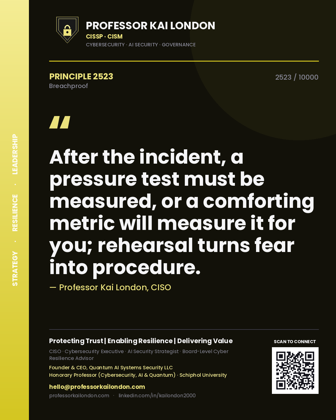Professor Kai London principle 2523: After the incident, a pressure test must be measured, or a comforting metric will measure it for you; rehearsal turns fear into procedure.