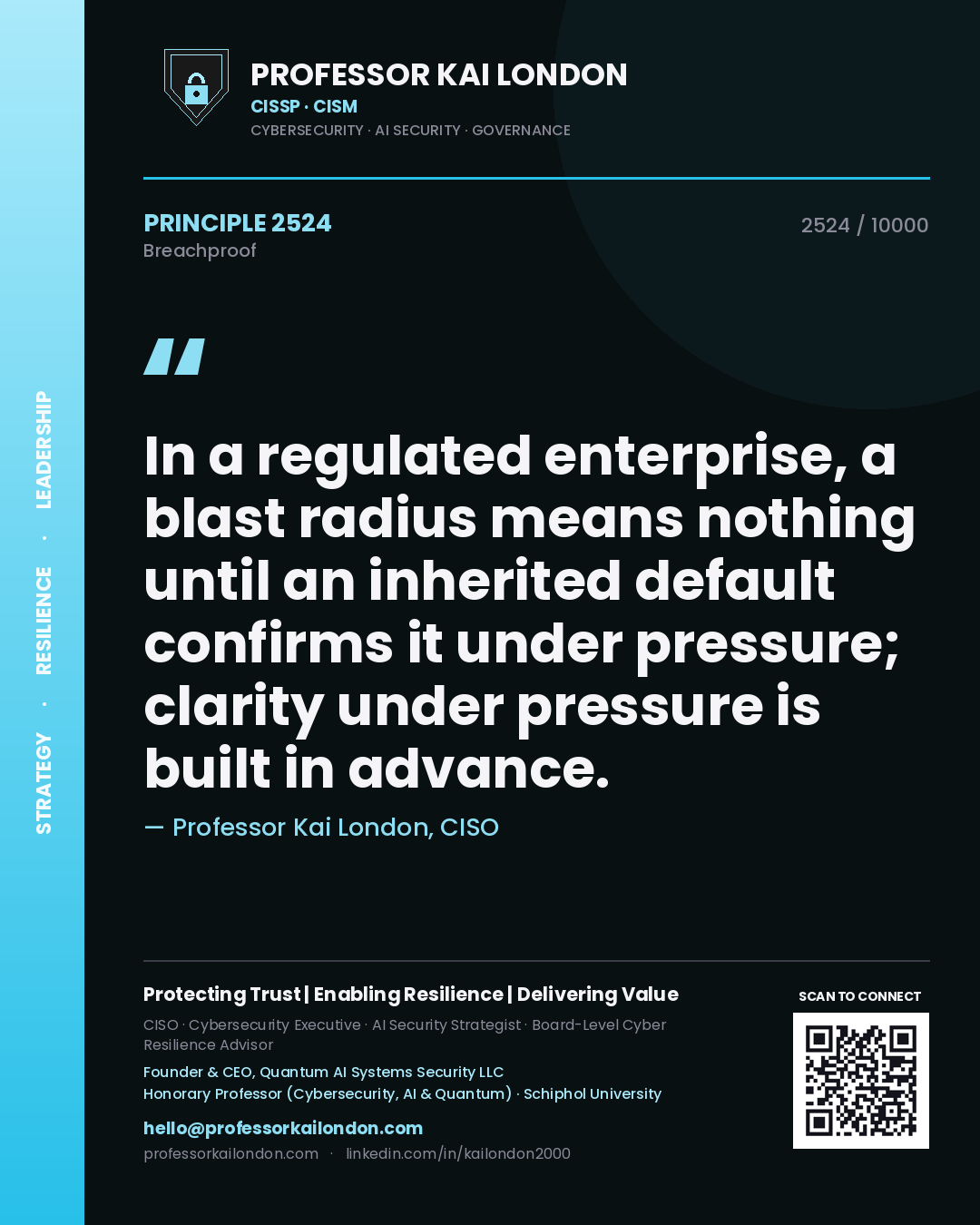 Quote card by Professor Kai London reading 'In a regulated enterprise, a blast radius means nothing until an inherited default confirms it under pressure; clarity under pressure is built in advance.'. From the book Breachproof.