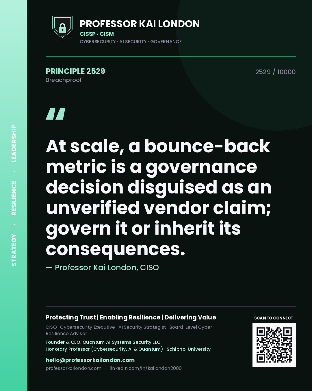 Quote card by Professor Kai London reading 'At scale, a bounce-back metric is a governance decision disguised as an unverified vendor claim; govern it or inherit its consequences.'. From the book Breachproof.