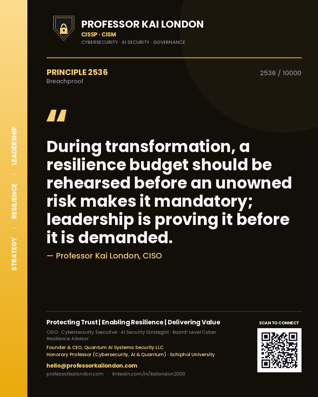 Professor Kai London principle 2536: During transformation, a resilience budget should be rehearsed before an unowned risk makes it mandatory; leadership is proving it before it is demanded.