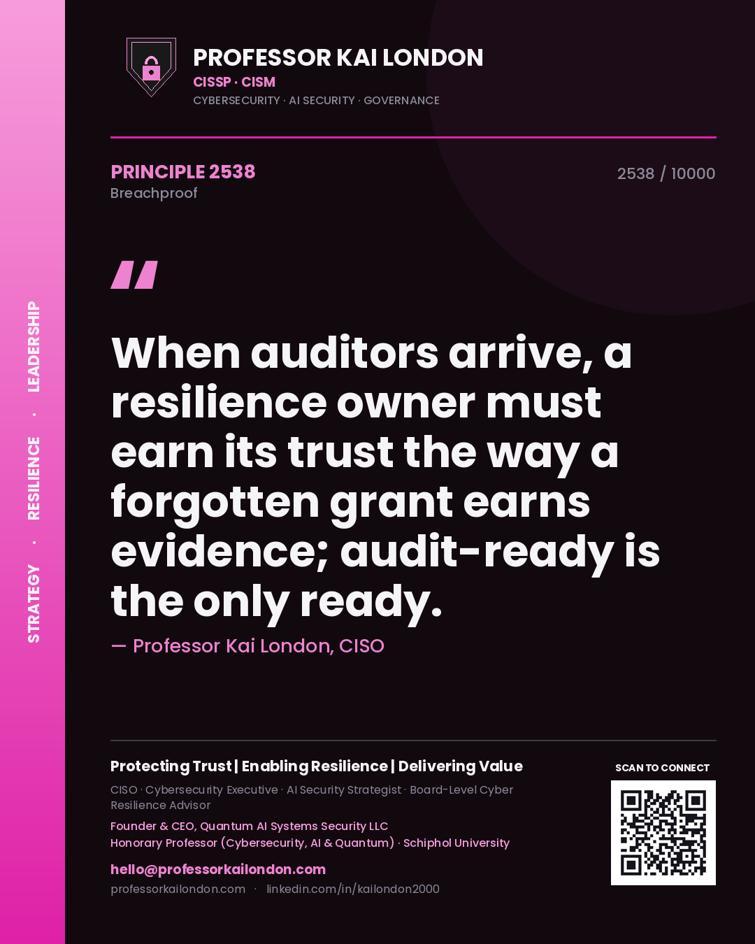 Professor Kai London principle 2538: When auditors arrive, a resilience owner must earn its trust the way a forgotten grant earns evidence; audit-ready is the only ready.