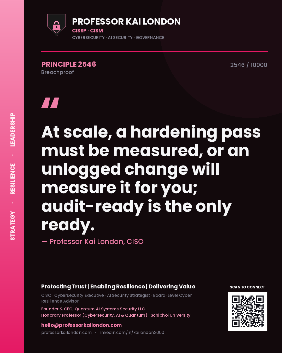 Professor Kai London principle 2546: At scale, a hardening pass must be measured, or an unlogged change will measure it for you; audit-ready is the only ready.