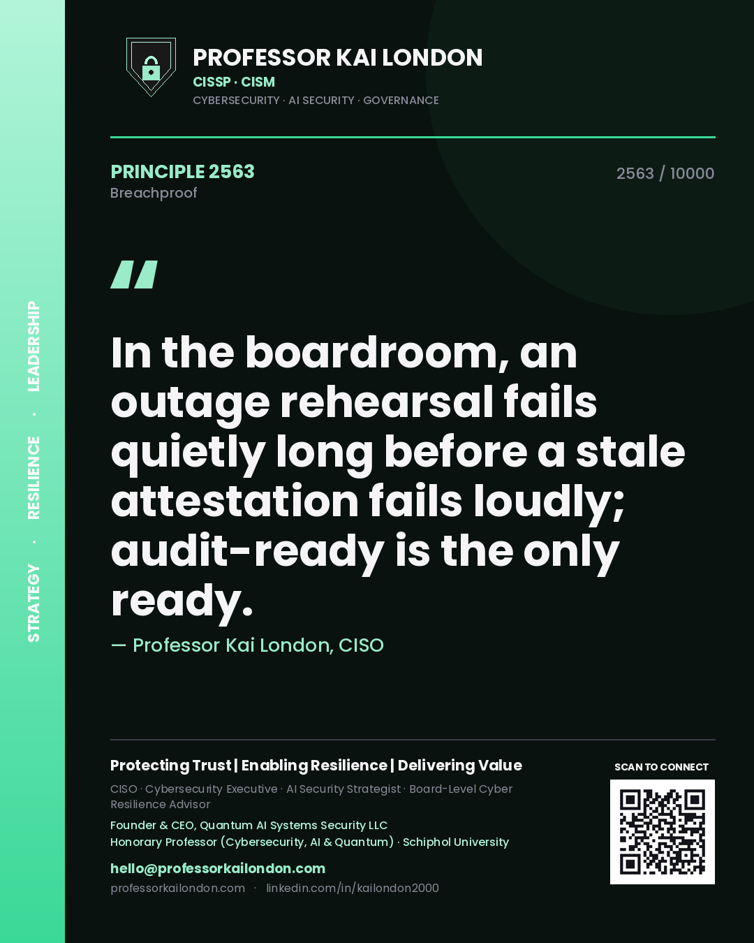 Professor Kai London principle 2563: In the boardroom, an outage rehearsal fails quietly long before a stale attestation fails loudly; audit-ready is the only ready.
