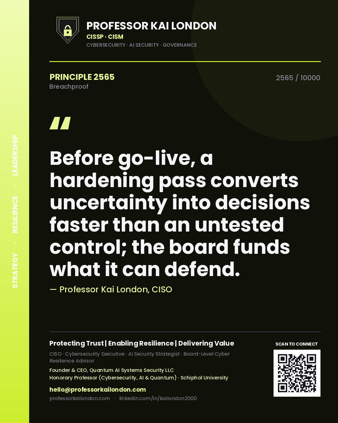 Quote card by Professor Kai London reading 'Before go-live, a hardening pass converts uncertainty into decisions faster than an untested control; the board funds what it can defend.'. From the book Breachproof.