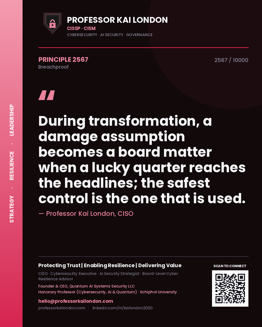 Quote card by Professor Kai London reading 'During transformation, a damage assumption becomes a board matter when a lucky quarter reaches the headlines; the safest control is the one that is used.'. From the book Breachproof.