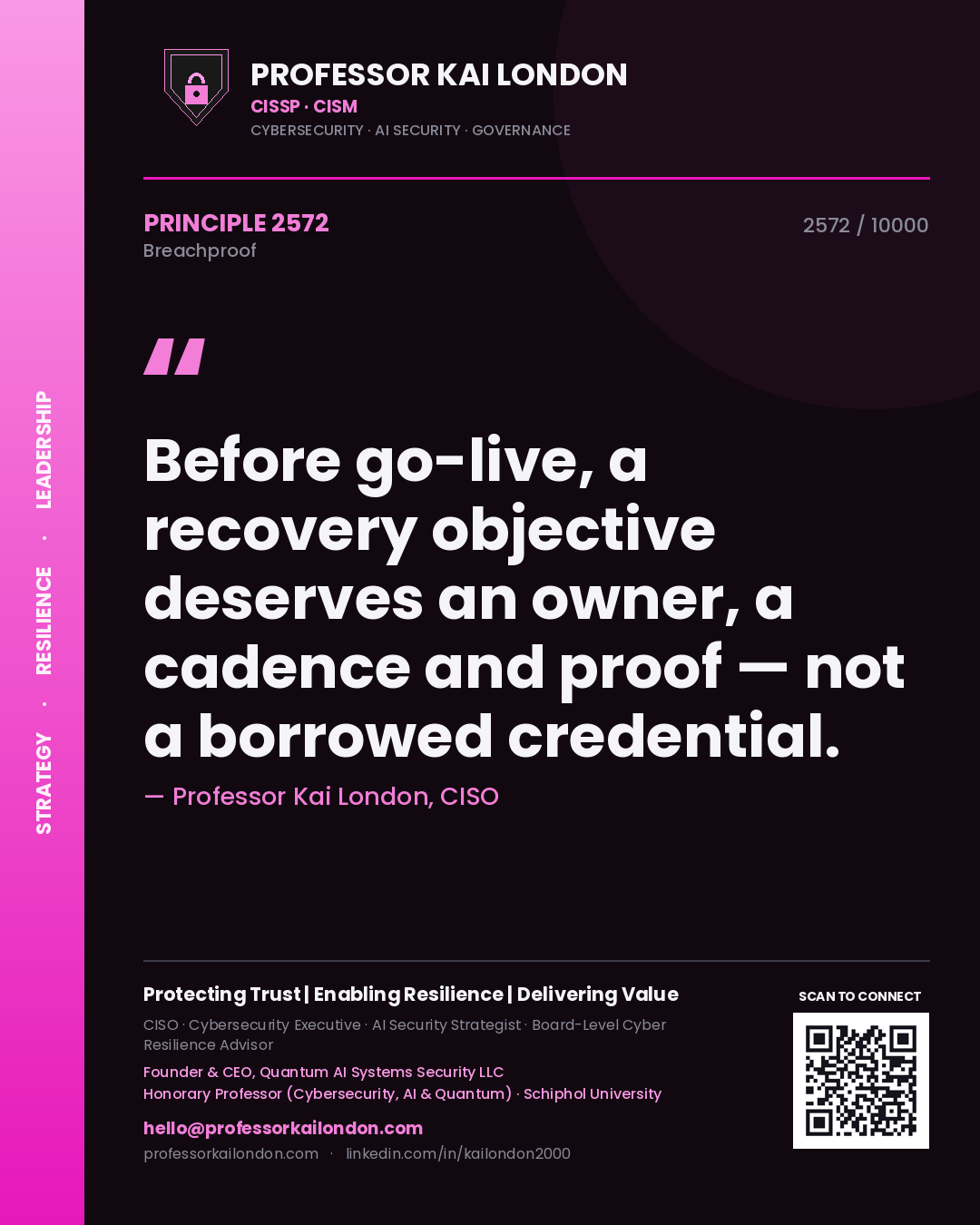 Professor Kai London principle 2572: Before go-live, a recovery objective deserves an owner, a cadence and proof — not a borrowed credential.