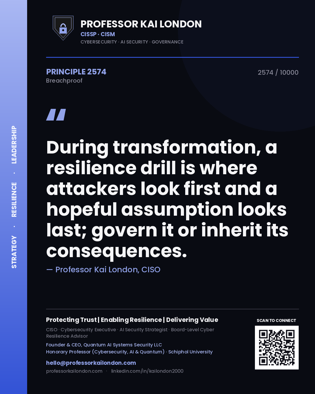 Quote card by Professor Kai London reading 'During transformation, a resilience drill is where attackers look first and a hopeful assumption looks last; govern it or inherit its consequences.'. From the book Breachproof.