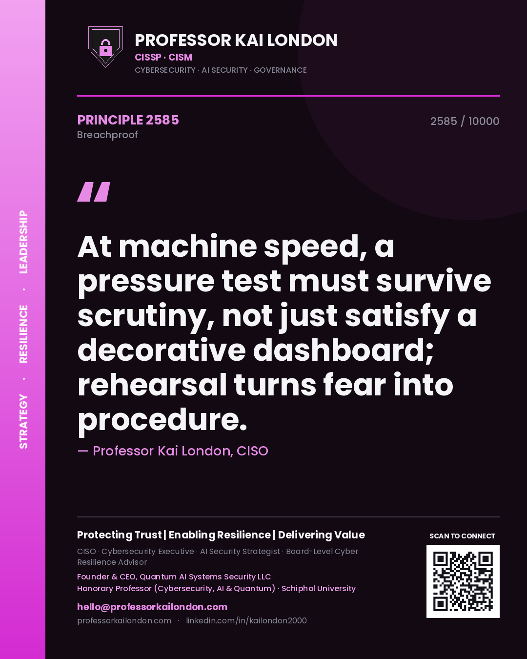 Professor Kai London principle 2585: At machine speed, a pressure test must survive scrutiny, not just satisfy a decorative dashboard; rehearsal turns fear into procedure.