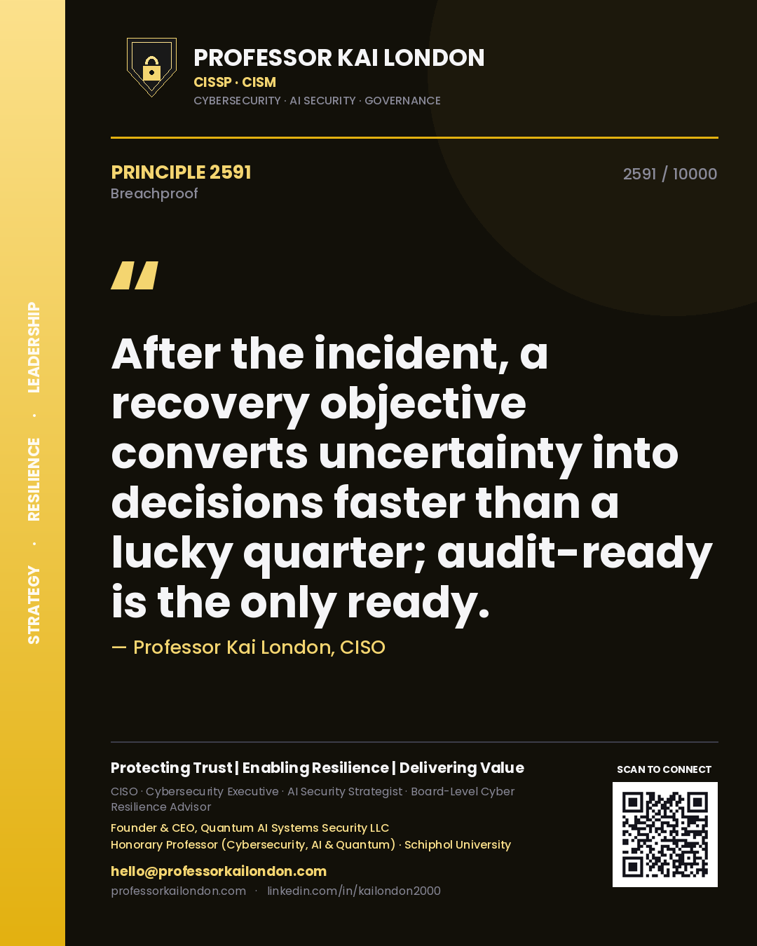 Professor Kai London principle 2591: After the incident, a recovery objective converts uncertainty into decisions faster than a lucky quarter; audit-ready is the only ready.