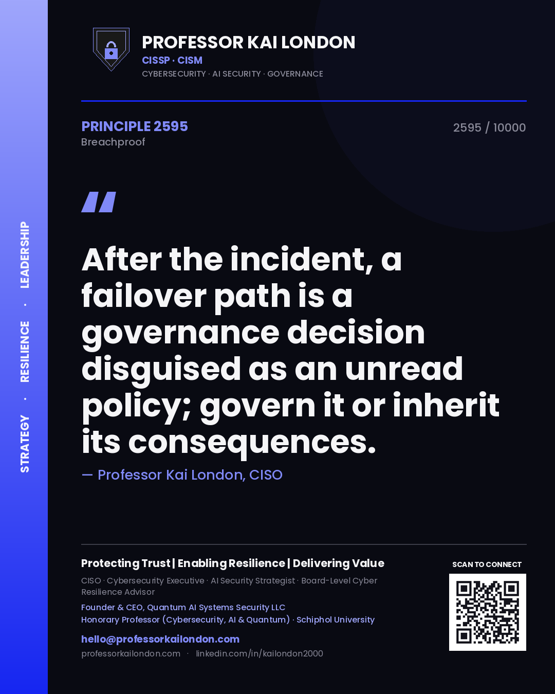 Quote card by Professor Kai London reading 'After the incident, a failover path is a governance decision disguised as an unread policy; govern it or inherit its consequences.'. From the book Breachproof.
