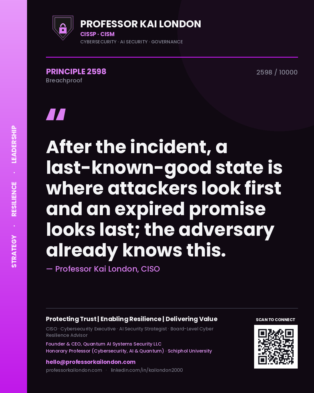 Professor Kai London principle 2598: After the incident, a last-known-good state is where attackers look first and an expired promise looks last; the adversary already knows this.