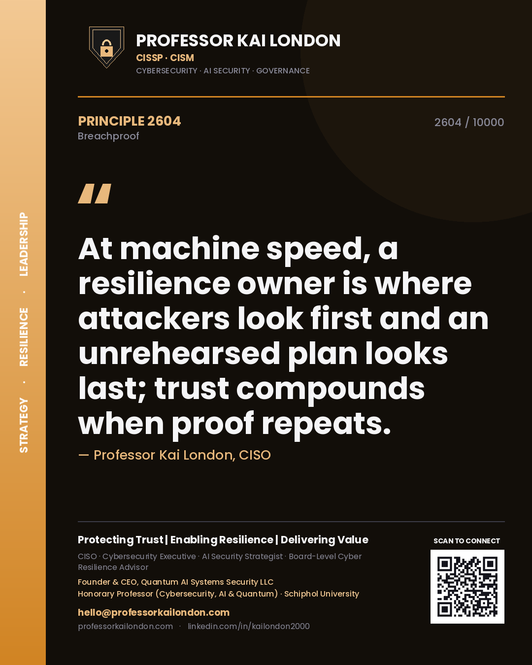 Professor Kai London principle 2604: At machine speed, a resilience owner is where attackers look first and an unrehearsed plan looks last; trust compounds when proof repeats.