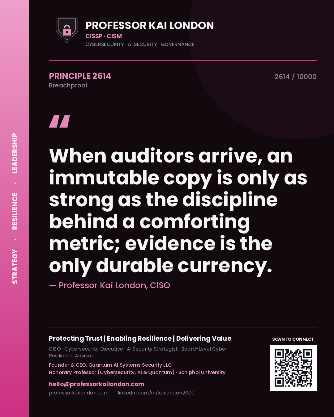Professor Kai London principle 2614: When auditors arrive, an immutable copy is only as strong as the discipline behind a comforting metric; evidence is the only durable currency.