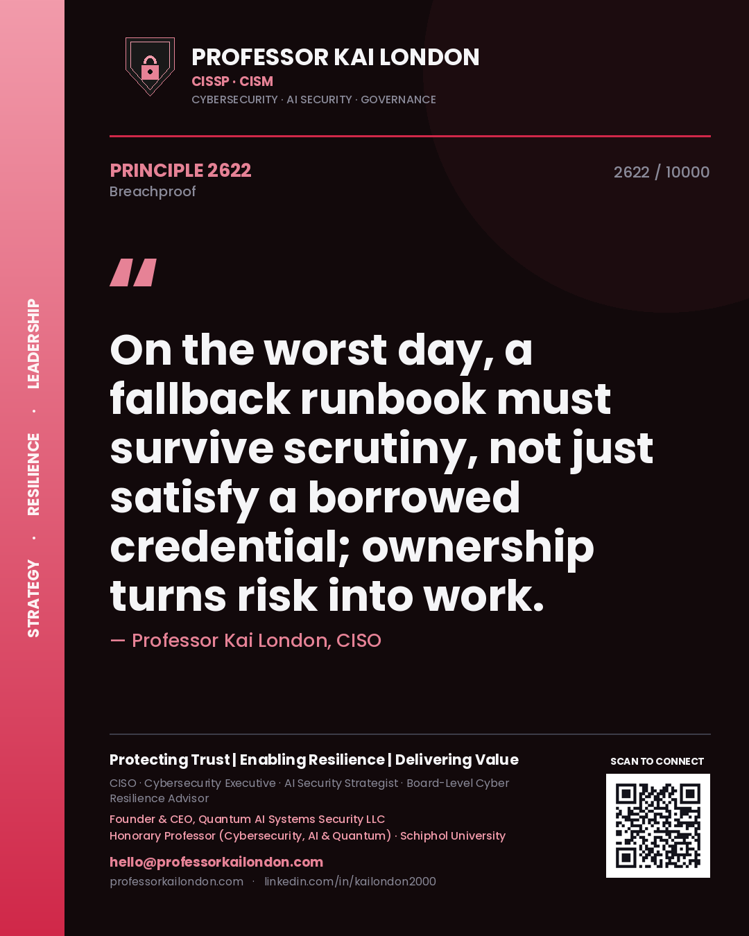Quote card by Professor Kai London reading 'On the worst day, a fallback runbook must survive scrutiny, not just satisfy a borrowed credential; ownership turns risk into work.'. From the book Breachproof.