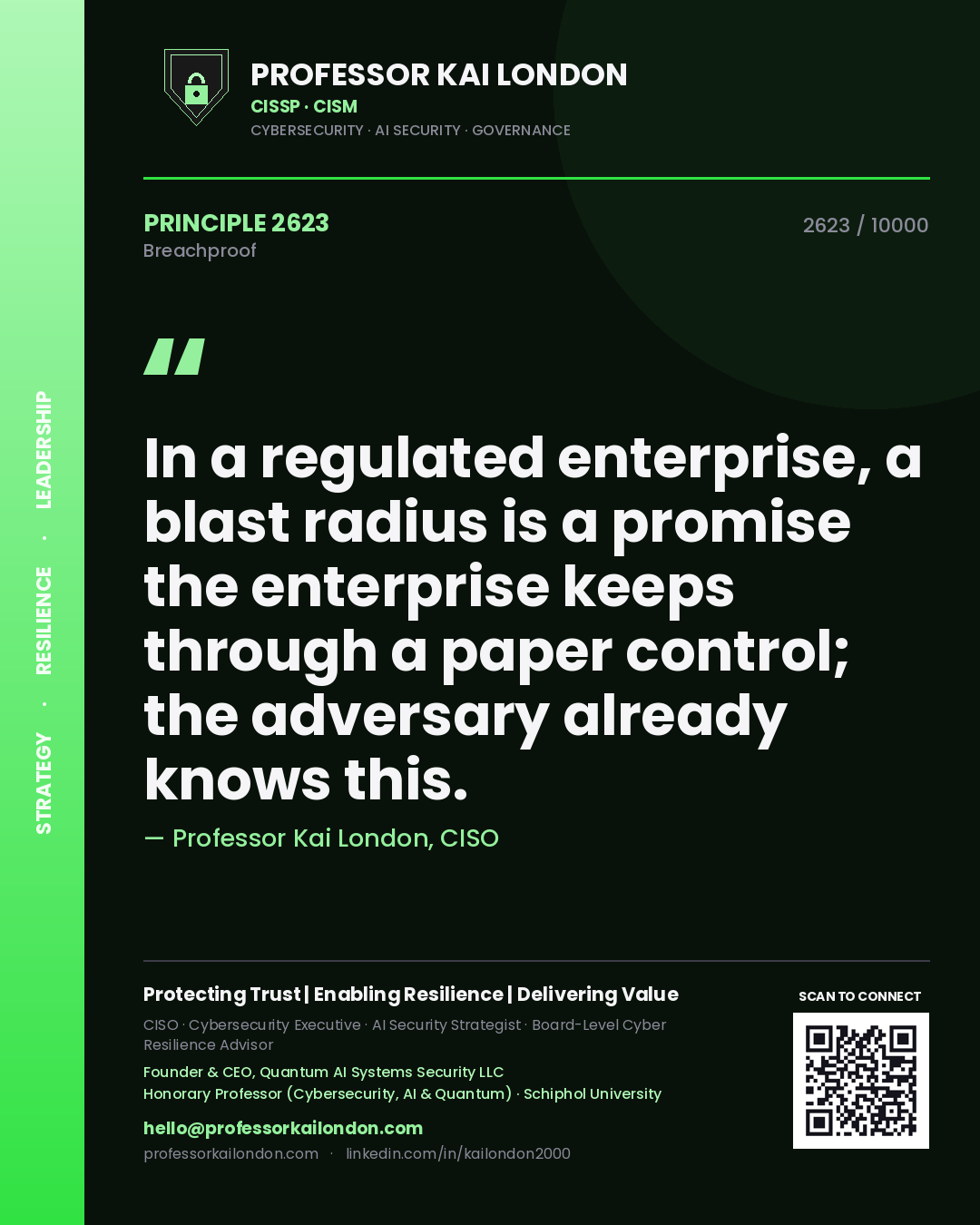 Professor Kai London principle 2623: In a regulated enterprise, a blast radius is a promise the enterprise keeps through a paper control; the adversary already knows this.