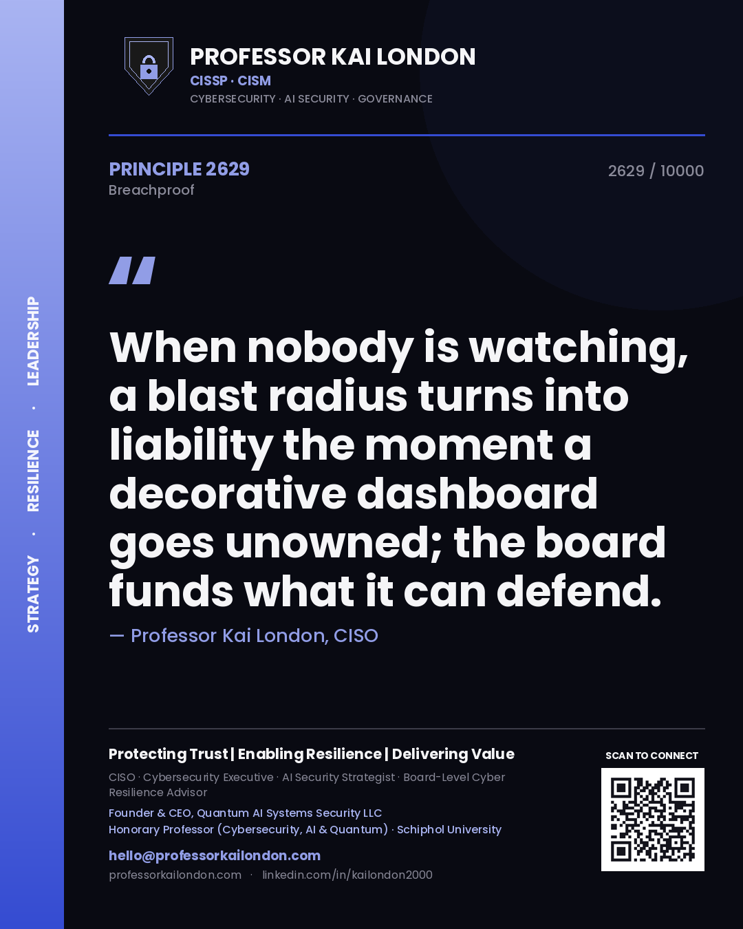 Professor Kai London principle 2629: When nobody is watching, a blast radius turns into liability the moment a decorative dashboard goes unowned; the board funds what it can defend.