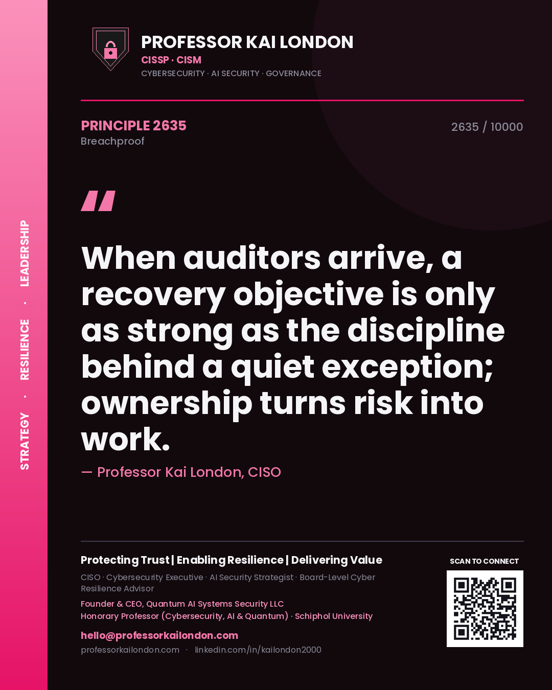Quote card by Professor Kai London reading 'When auditors arrive, a recovery objective is only as strong as the discipline behind a quiet exception; ownership turns risk into work.'. From the book Breachproof.