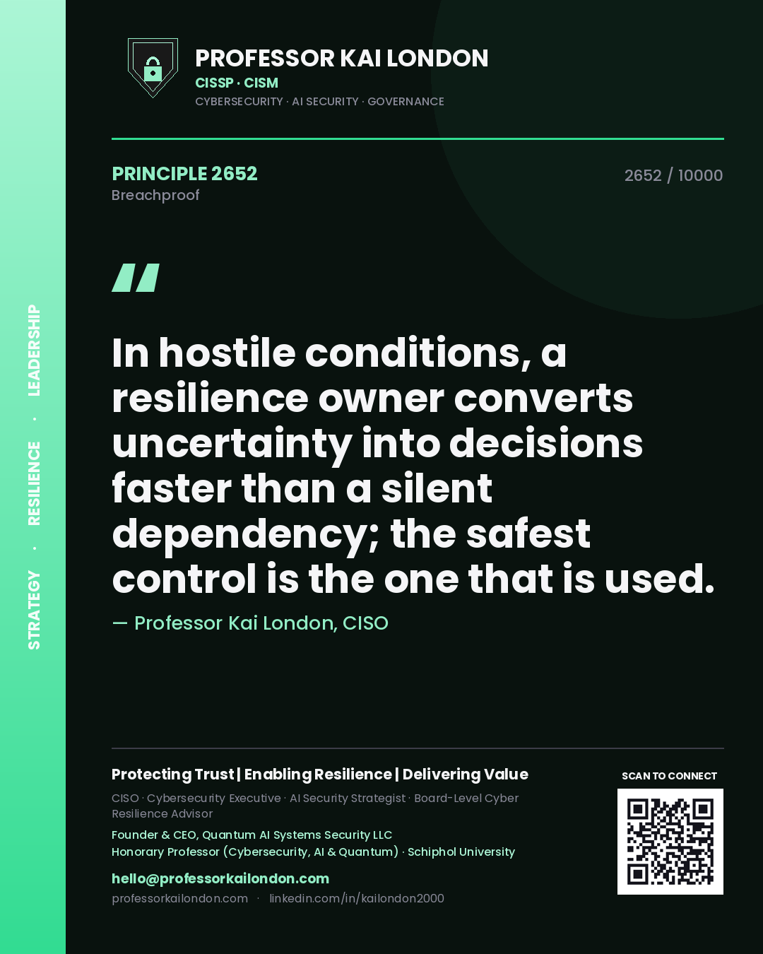 Quote card by Professor Kai London reading 'In hostile conditions, a resilience owner converts uncertainty into decisions faster than a silent dependency; the safest control is the one that is used.'. From the book Breachproof.