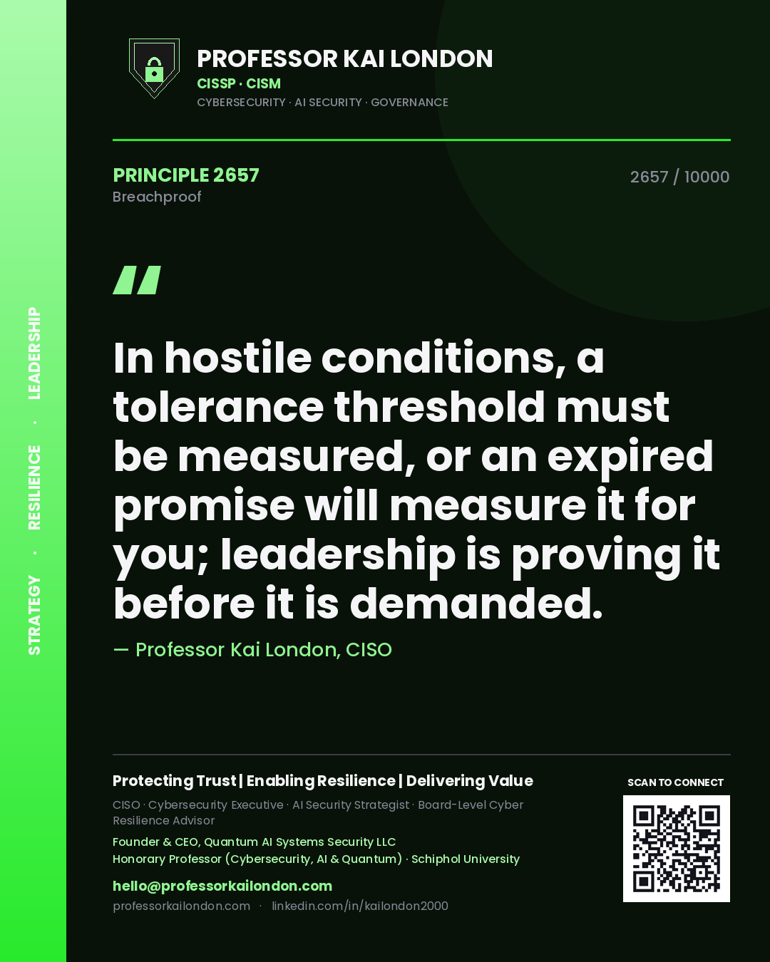 Quote card by Professor Kai London reading 'In hostile conditions, a tolerance threshold must be measured, or an expired promise will measure it for you; leadership is proving it before it is demanded.'. From the book Breachproof.