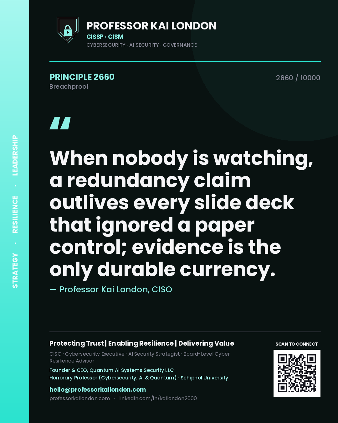 Quote card by Professor Kai London reading 'When nobody is watching, a redundancy claim outlives every slide deck that ignored a paper control; evidence is the only durable currency.'. From the book Breachproof.