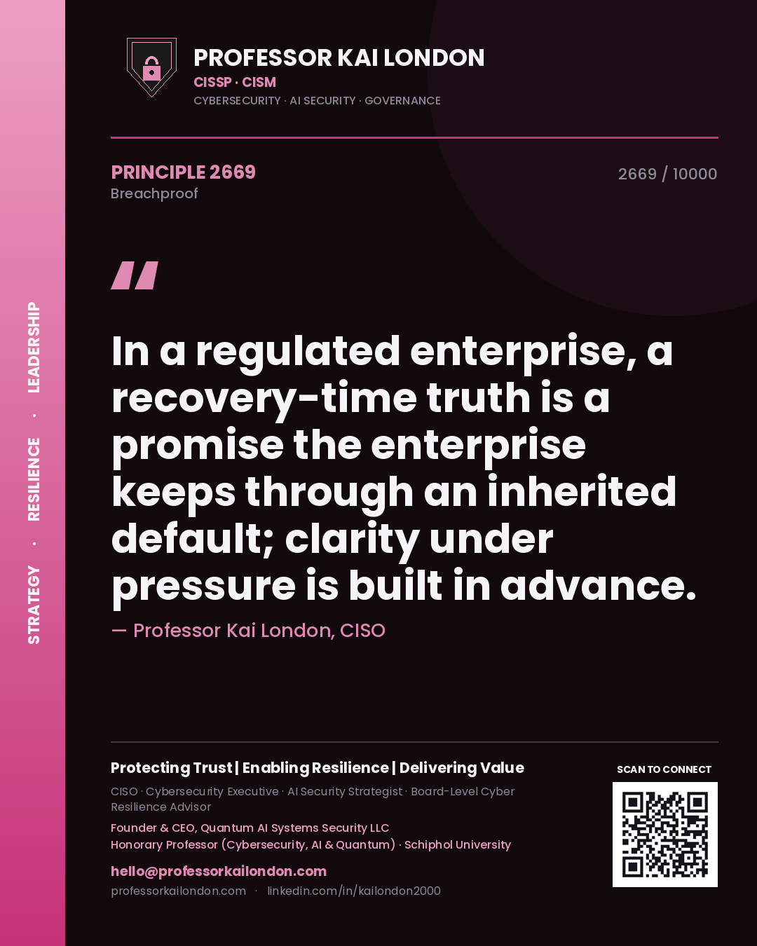 Professor Kai London principle 2669: In a regulated enterprise, a recovery-time truth is a promise the enterprise keeps through an inherited default; clarity under pressure is built in advance.